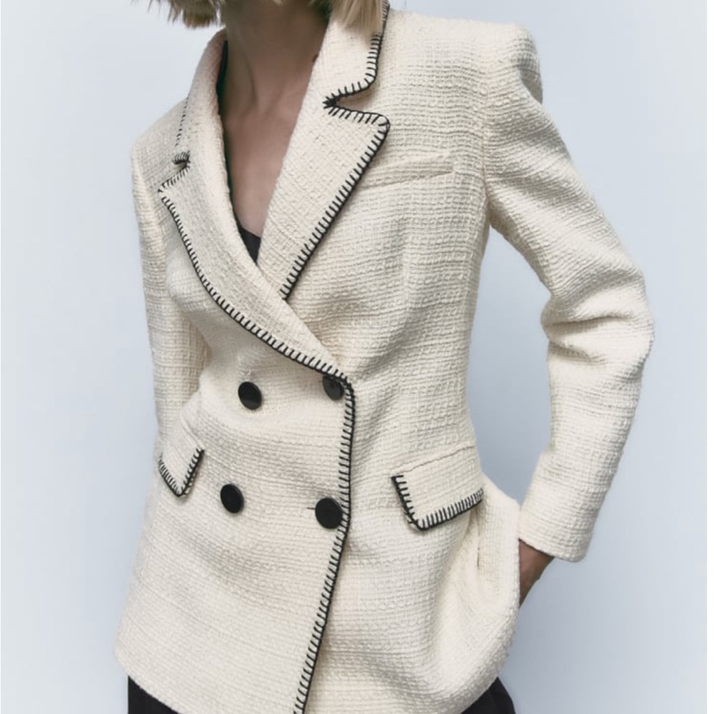 Zara Topstitched Double Breasted Blazer